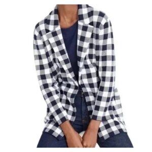 J Crew Sophie Open Front Knit Blazer Navy Gingham Check Sweater NEW Sz Large